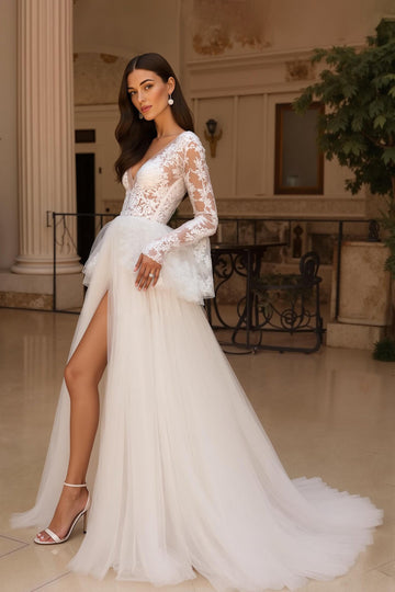 Ivory Tulle A Line V Neck Lace Wedding Dress With Flare Sleeves